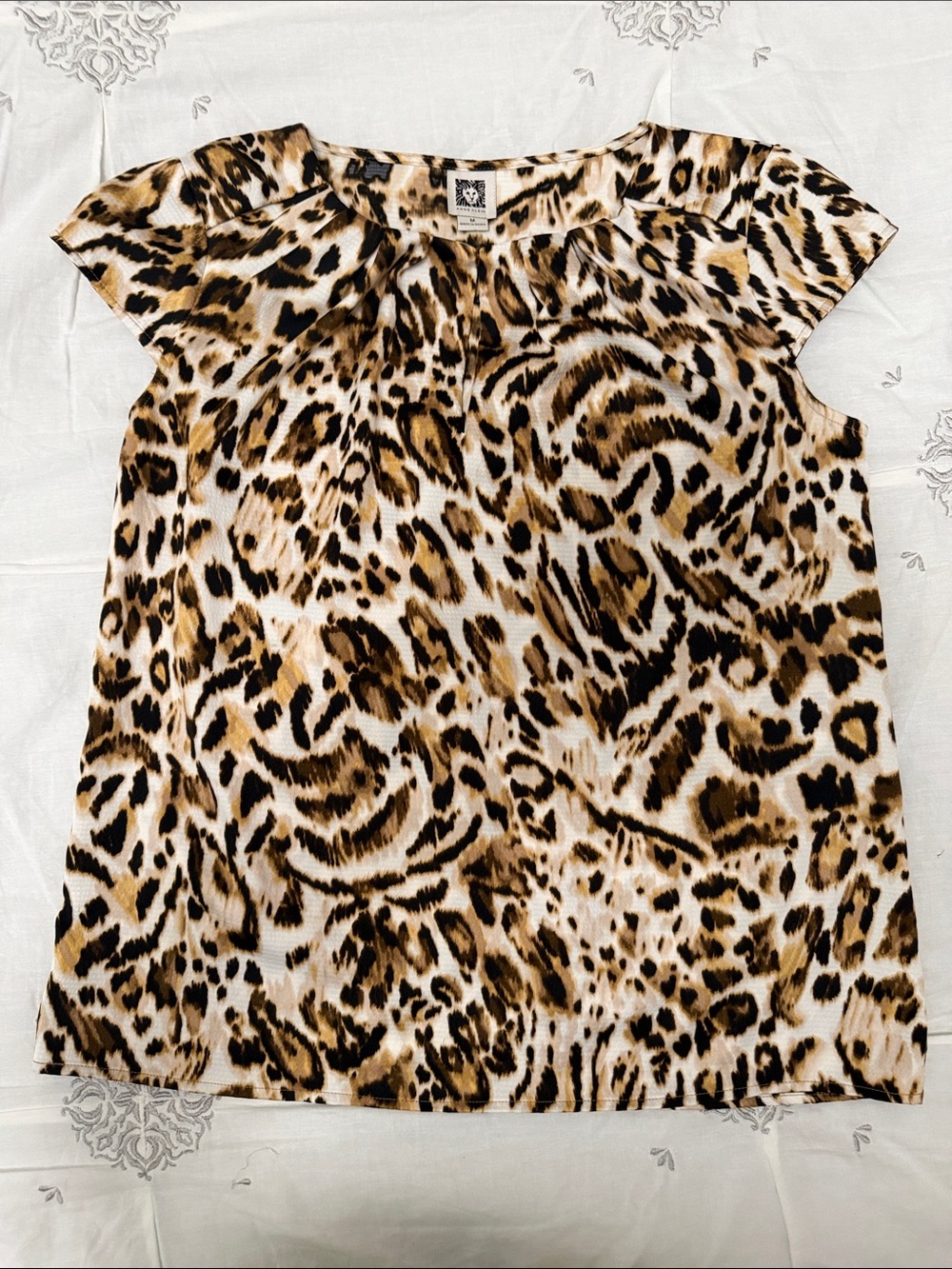 Anne Klein Leopard Print Cap-Sleeve Blouse in Brown, Black and Cream
